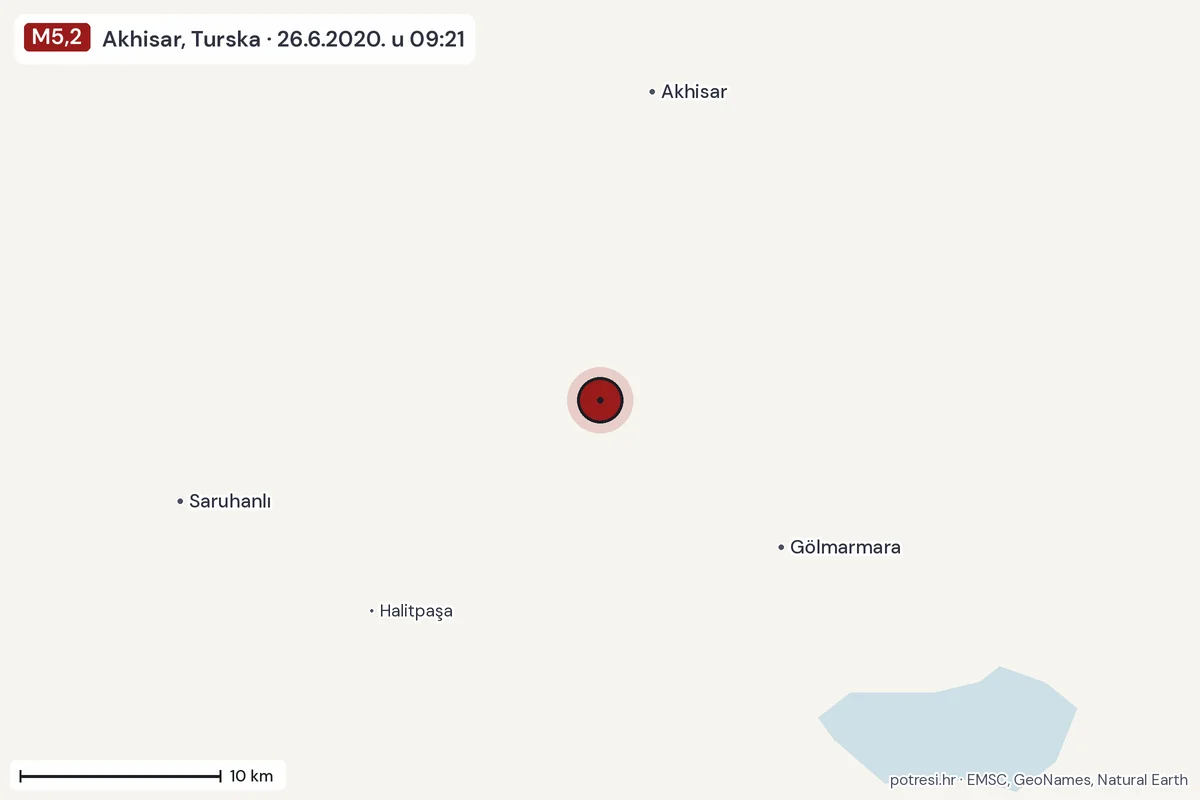 Karta: okolica epicentra, 60 km, potres M5,2, Akhisar, Turska, 26.6.2020.