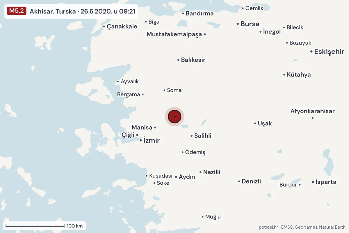 Karta: šire područje, 600 km, potres M5,2, Akhisar, Turska, 26.6.2020.