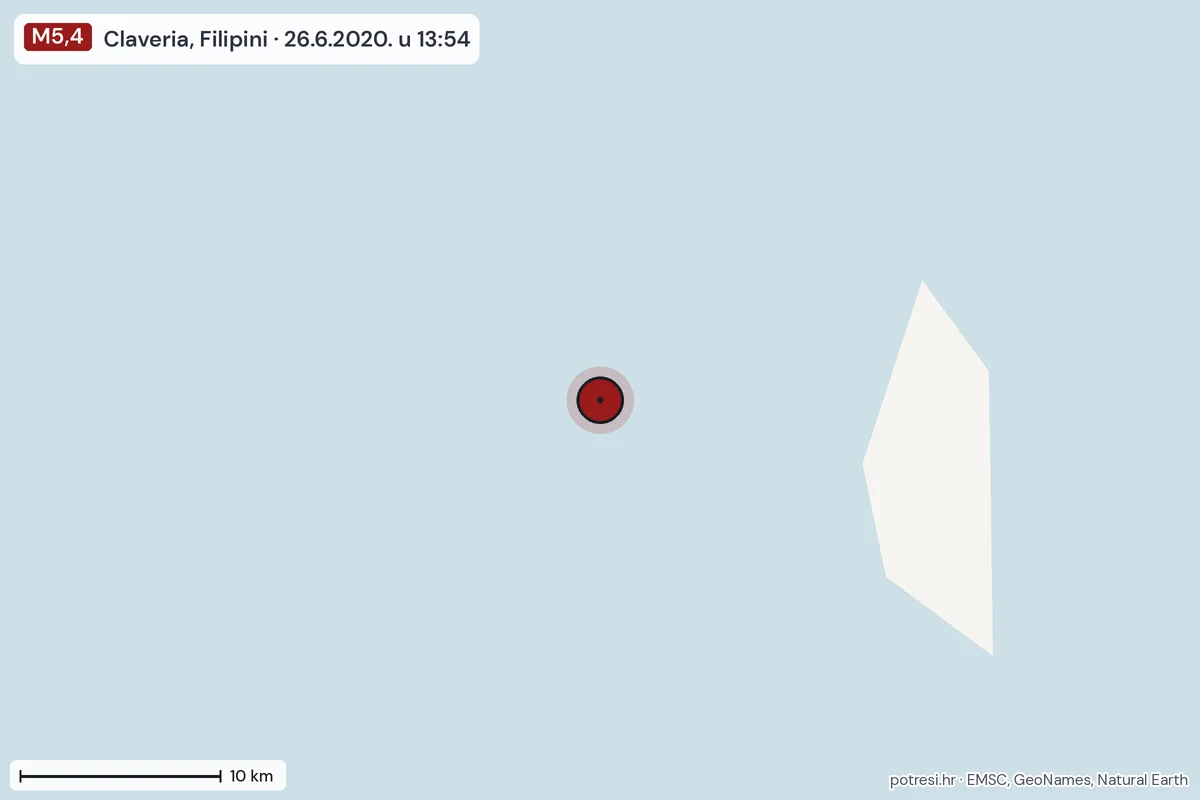 Karta: okolica epicentra, 60 km, potres M5,4, Claveria, Filipini, 26.6.2020.