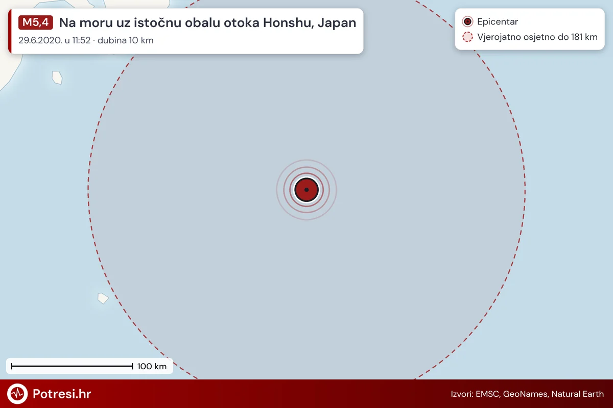 Karta: šire područje i vjerojatni doseg osjeta, potres M5,4, Na moru uz istočnu obalu otoka Honshu, Japan, 29.6.2020.