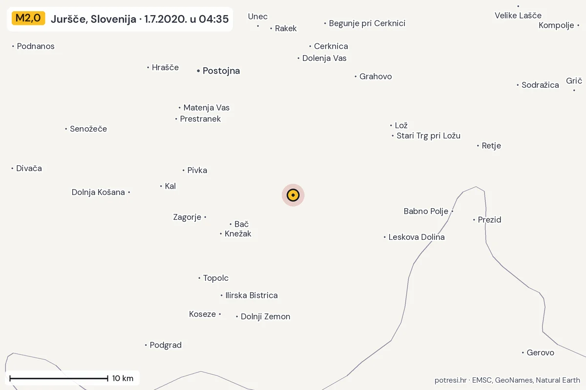 Karta: okolica epicentra, 60 km, potres M2,0, Juršče, Slovenija, 1.7.2020.