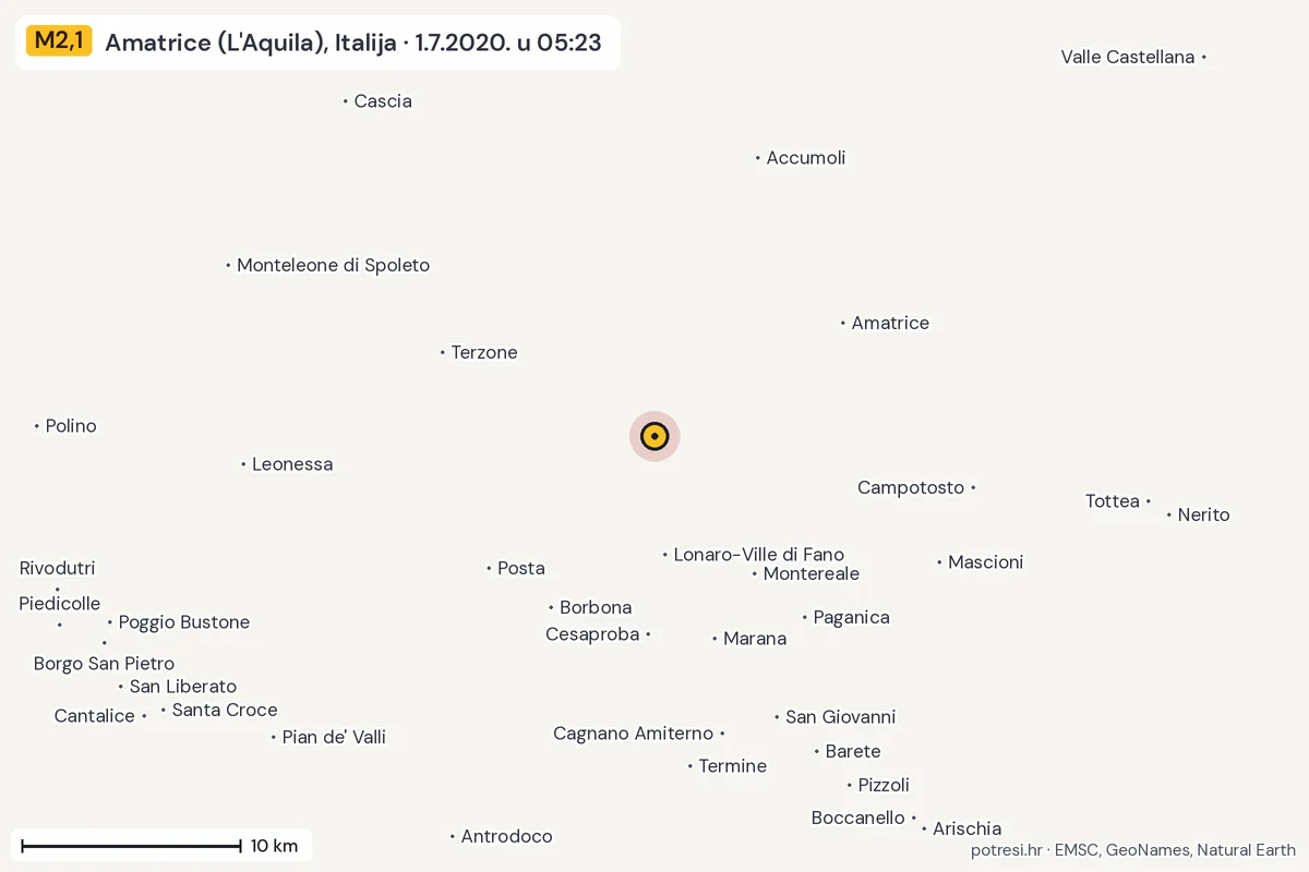 Karta: okolica epicentra, 60 km, potres M2,1, Amatrice (L'Aquila), Italija, 1.7.2020.