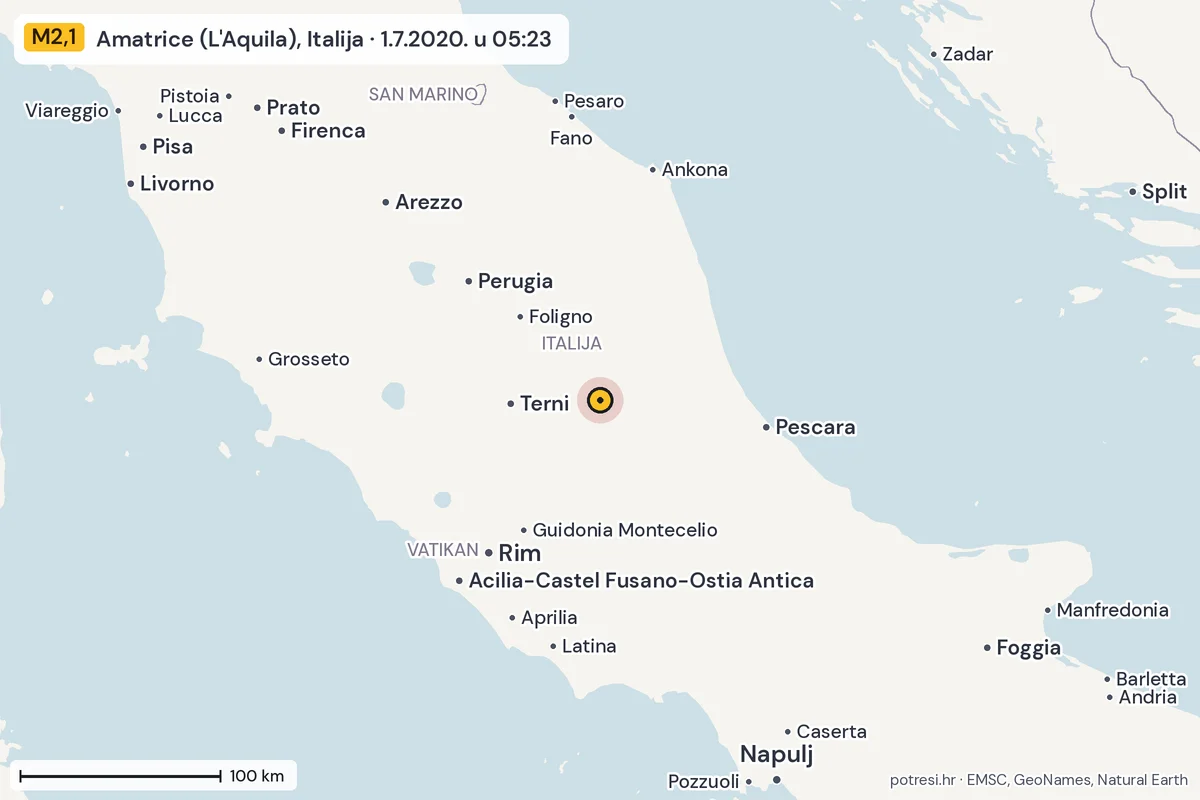 Karta: šire područje, 600 km, potres M2,1, Amatrice (L'Aquila), Italija, 1.7.2020.