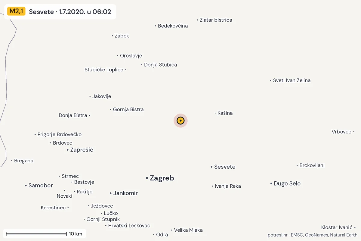 Karta: okolica epicentra, 60 km, potres M2,1, Sesvete, 1.7.2020.