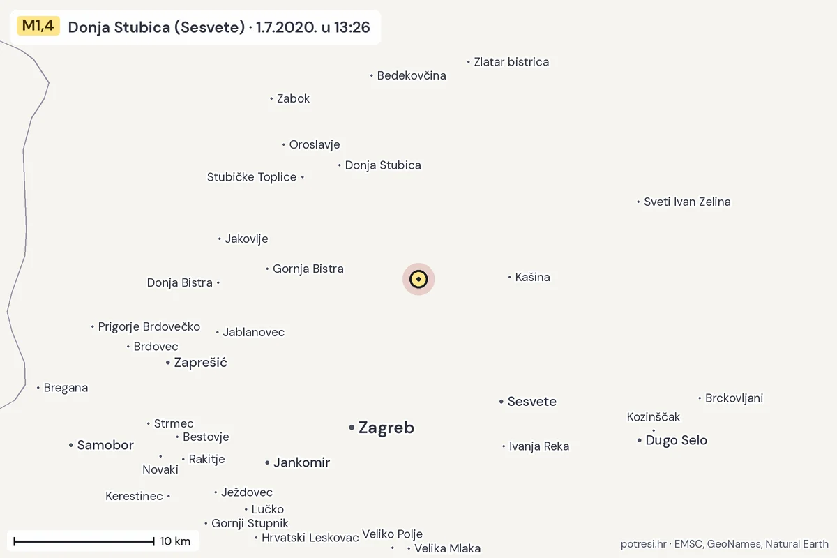 Karta: okolica epicentra, 60 km, potres M1,4, Donja Stubica (Sesvete), 1.7.2020.