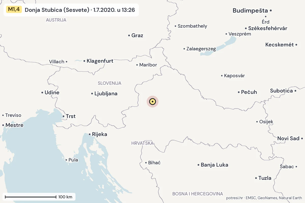 Karta: šire područje, 600 km, potres M1,4, Donja Stubica (Sesvete), 1.7.2020.