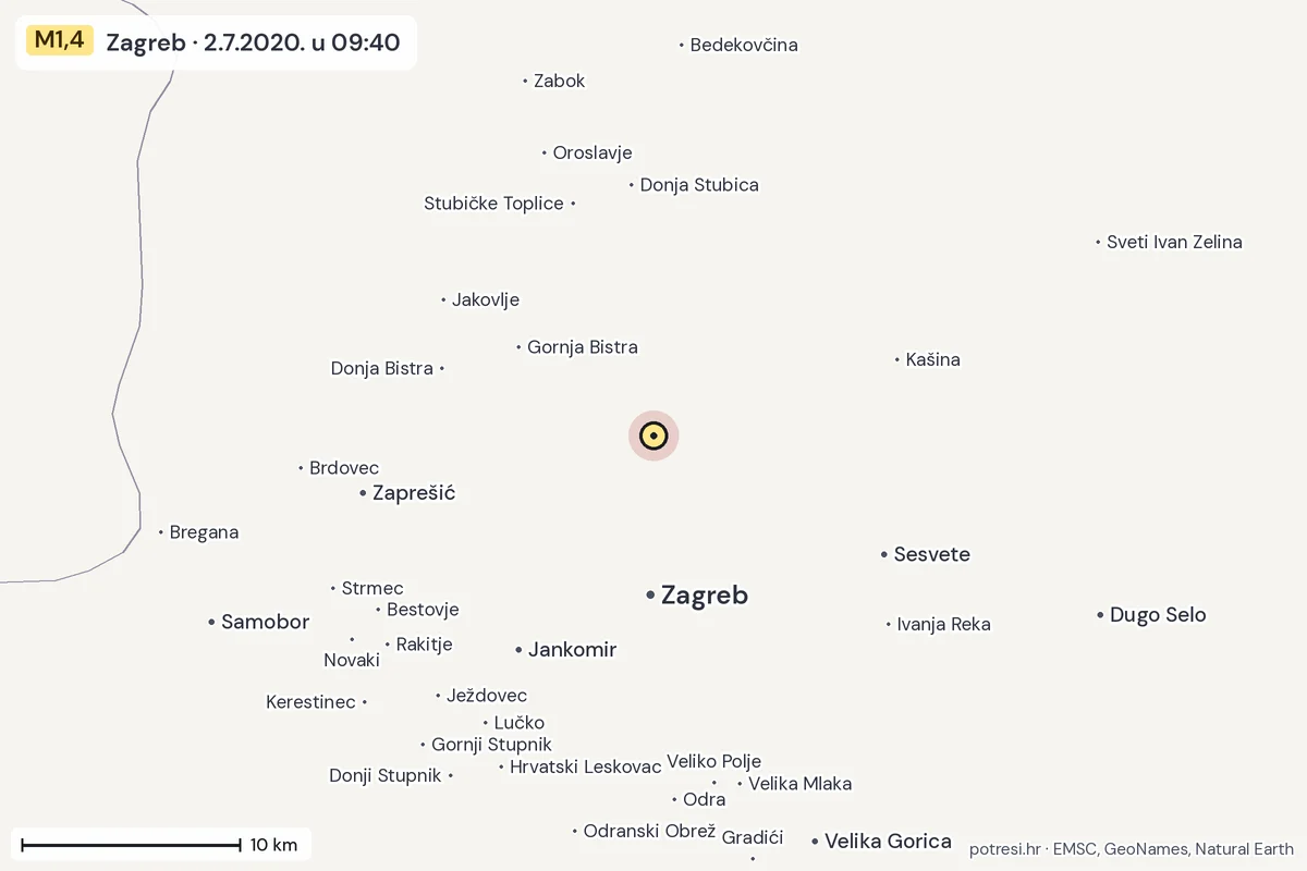 Karta: okolica epicentra, 60 km, potres M1,4, Zagreb, 2.7.2020.