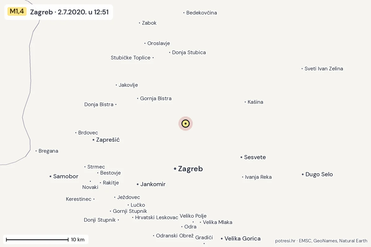 Karta: okolica epicentra, 60 km, potres M1,4, Zagreb, 2.7.2020.