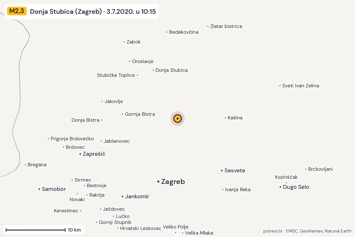 Karta: okolica epicentra, 60 km, potres M2,3, Donja Stubica (Zagreb), 3.7.2020.