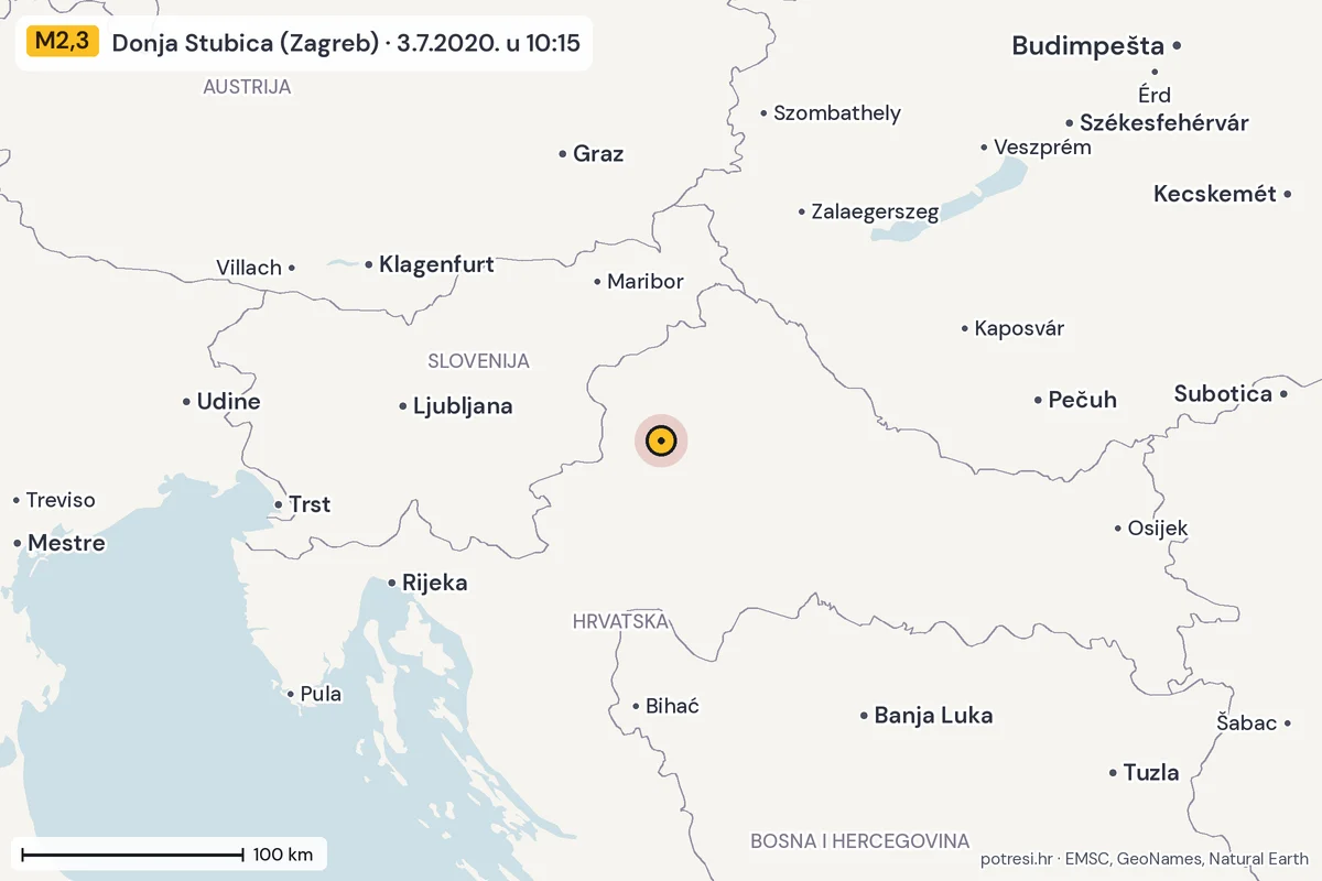 Karta: šire područje, 600 km, potres M2,3, Donja Stubica (Zagreb), 3.7.2020.