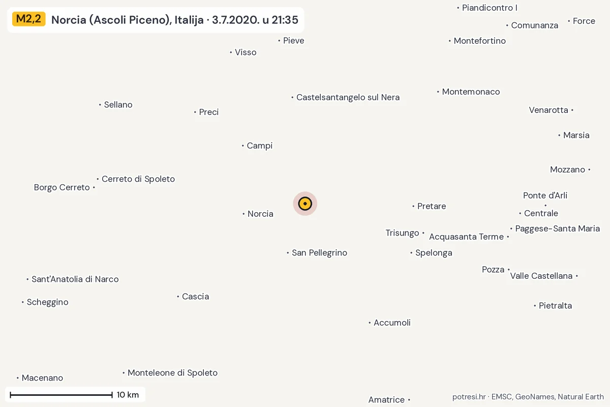 Karta: okolica epicentra, 60 km, potres M2,2, Norcia (Ascoli Piceno), Italija, 3.7.2020.