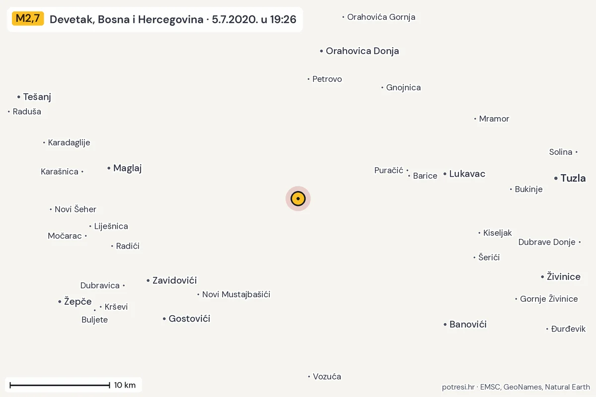 Karta: okolica epicentra, 60 km, potres M2,7, Devetak, Bosna i Hercegovina, 5.7.2020.