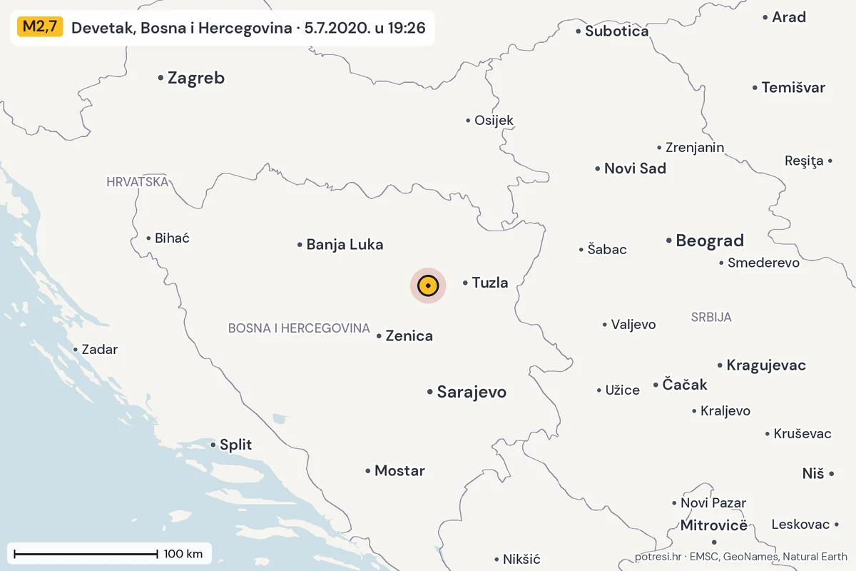 Karta: šire područje, 600 km, potres M2,7, Devetak, Bosna i Hercegovina, 5.7.2020.