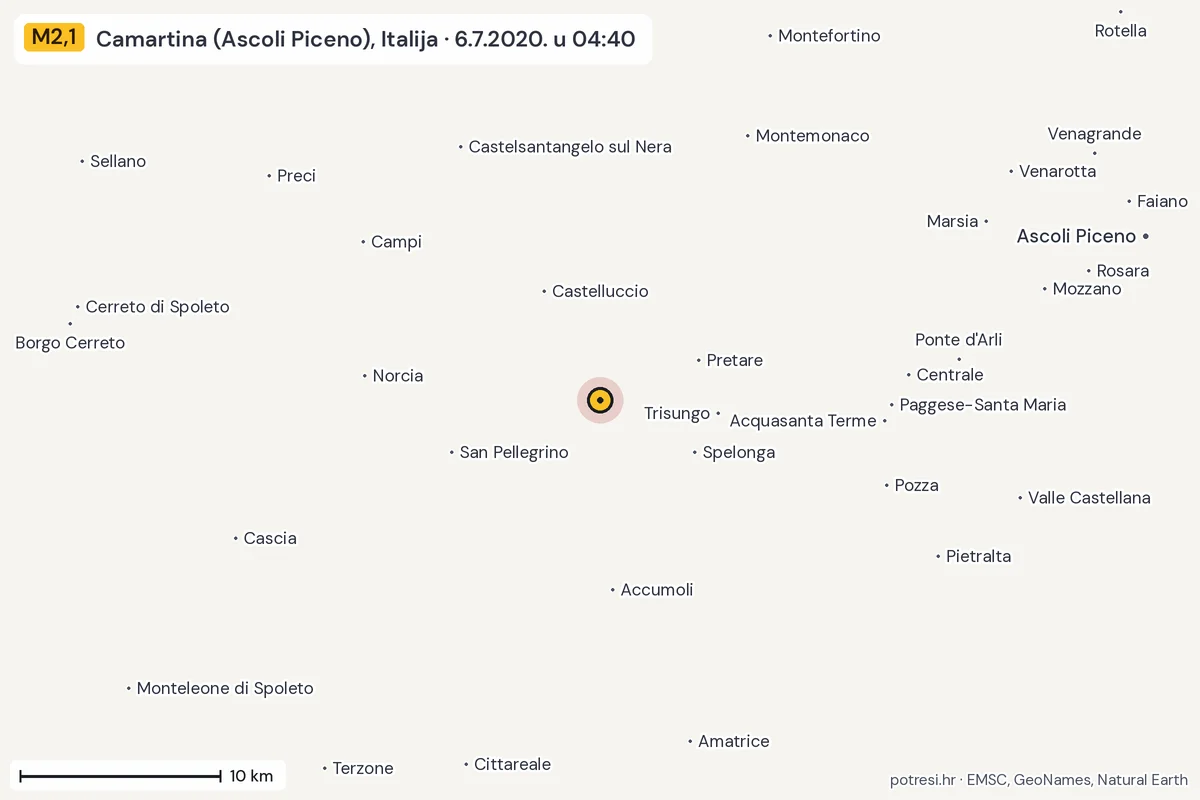 Karta: okolica epicentra, 60 km, potres M2,1, Camartina (Ascoli Piceno), Italija, 6.7.2020.