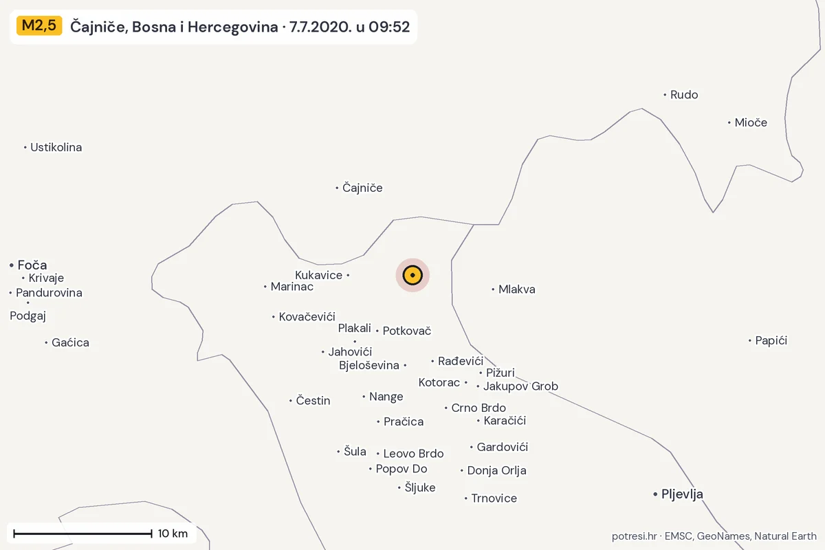 Karta: okolica epicentra, 60 km, potres M2,5, Čajniče, Bosna i Hercegovina, 7.7.2020.