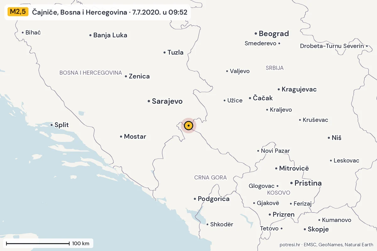 Karta: šire područje, 600 km, potres M2,5, Čajniče, Bosna i Hercegovina, 7.7.2020.