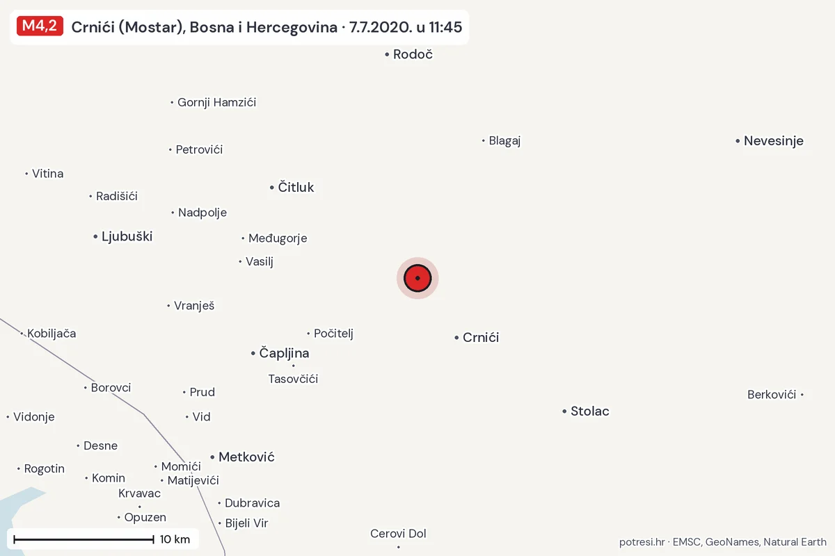 Karta: okolica epicentra, 60 km, potres M4,2, Crnići (Mostar), Bosna i Hercegovina, 7.7.2020.