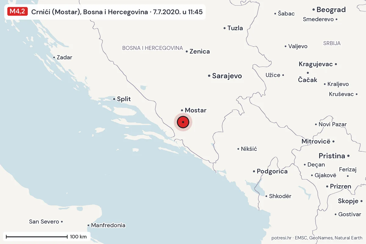 Karta: šire područje, 600 km, potres M4,2, Crnići (Mostar), Bosna i Hercegovina, 7.7.2020.
