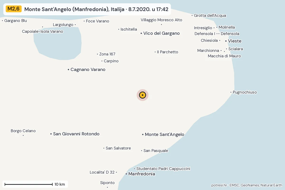 Karta: okolica epicentra, 60 km, potres M2,6, Monte Sant'Angelo (Manfredonia), Italija, 8.7.2020.