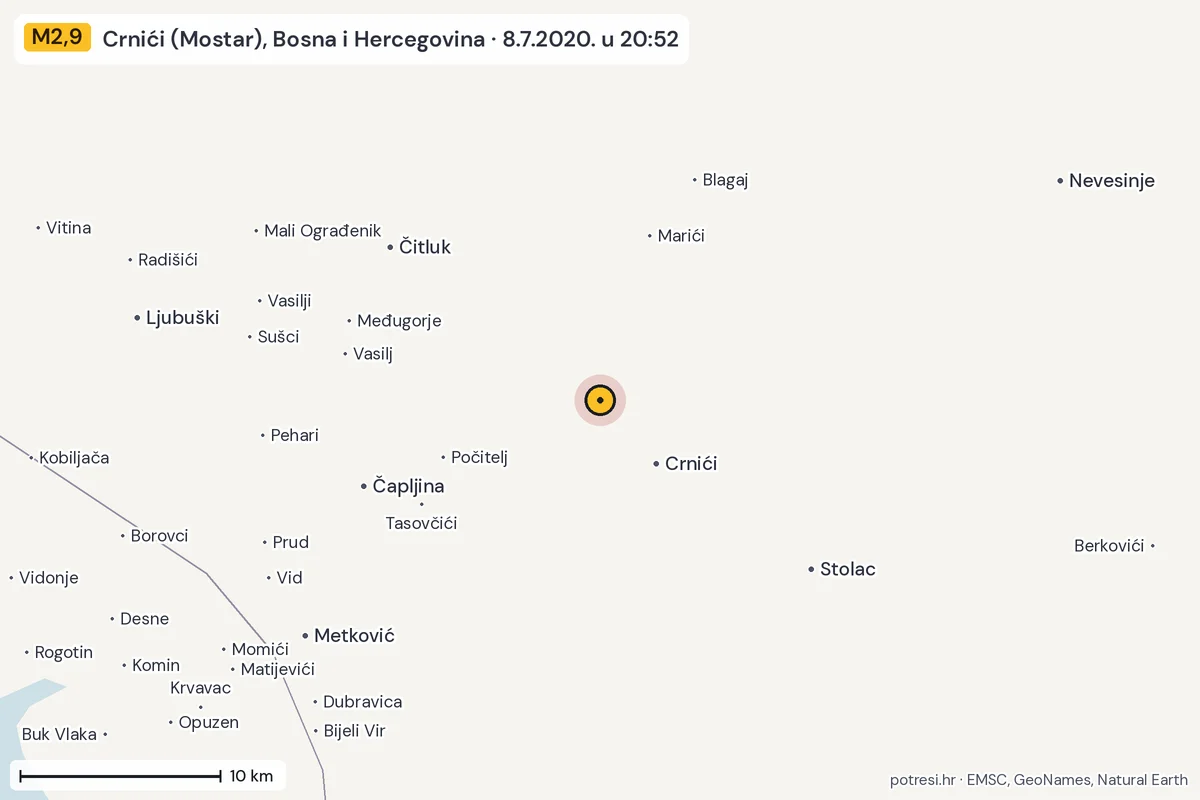 Karta: okolica epicentra, 60 km, potres M2,9, Crnići (Mostar), Bosna i Hercegovina, 8.7.2020.