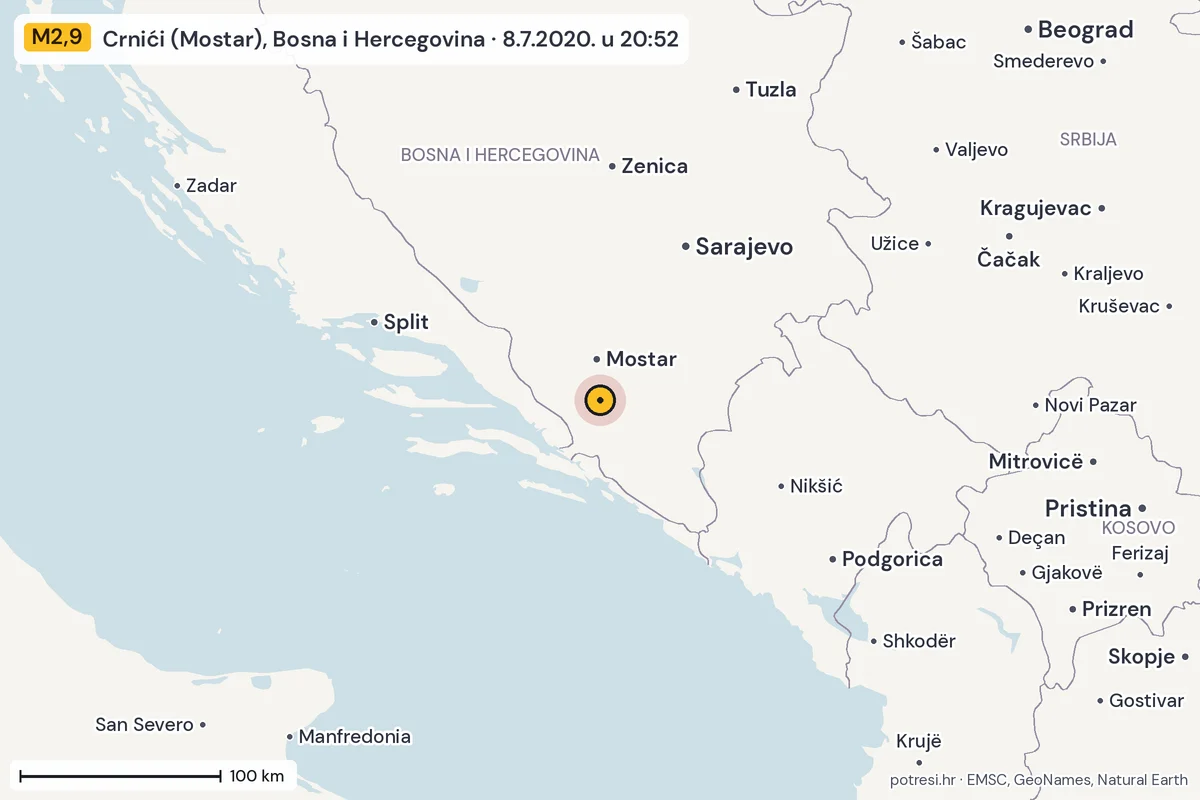 Karta: šire područje, 600 km, potres M2,9, Crnići (Mostar), Bosna i Hercegovina, 8.7.2020.