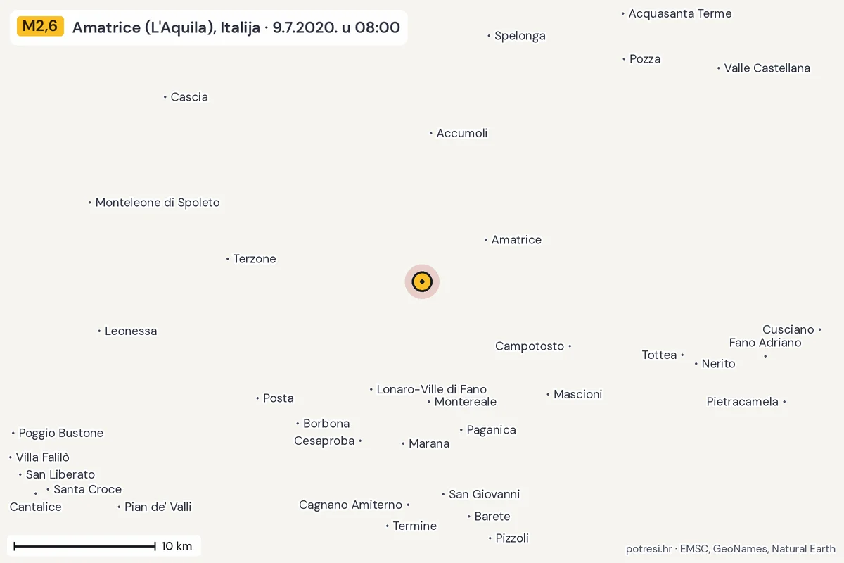 Karta: okolica epicentra, 60 km, potres M2,6, Amatrice (L'Aquila), Italija, 9.7.2020.