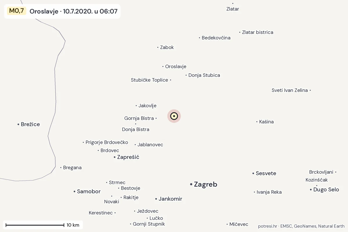 Karta: okolica epicentra, 60 km, potres M0,7, Oroslavje, 10.7.2020.