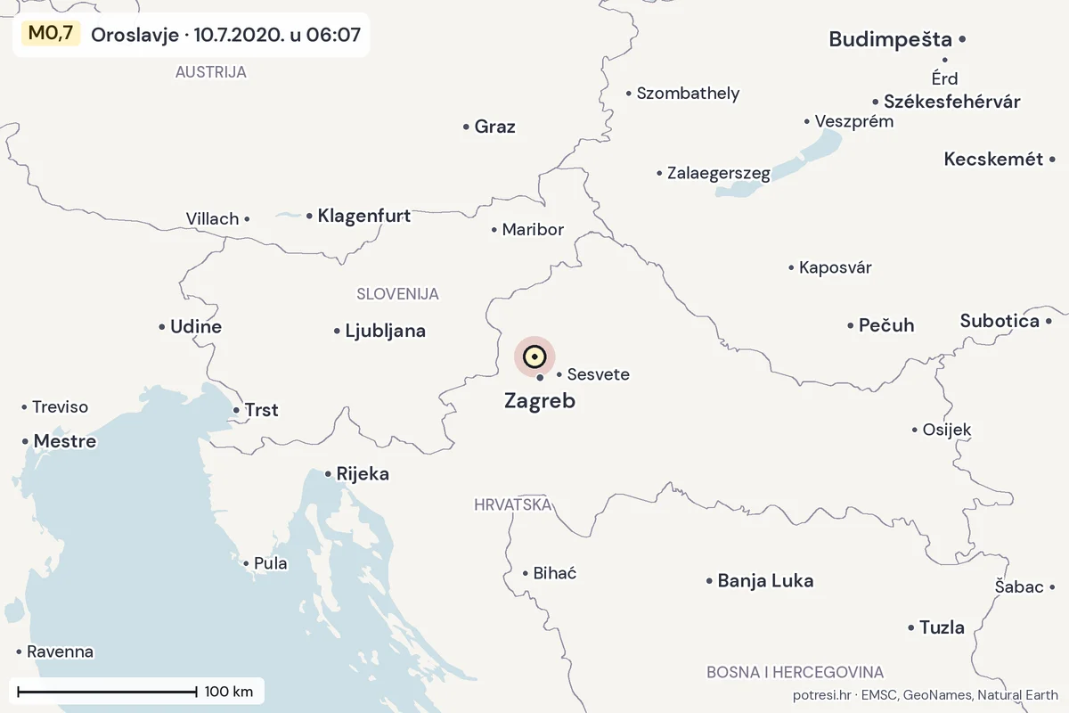 Karta: šire područje, 600 km, potres M0,7, Oroslavje, 10.7.2020.