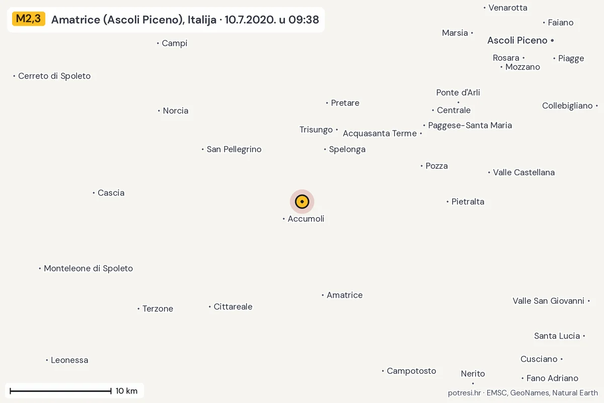 Karta: okolica epicentra, 60 km, potres M2,3, Amatrice (Ascoli Piceno), Italija, 10.7.2020.