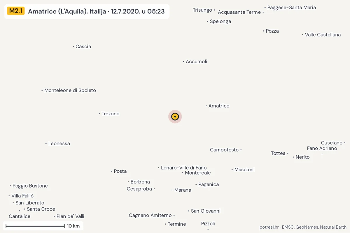 Karta: okolica epicentra, 60 km, potres M2,1, Amatrice (L'Aquila), Italija, 12.7.2020.