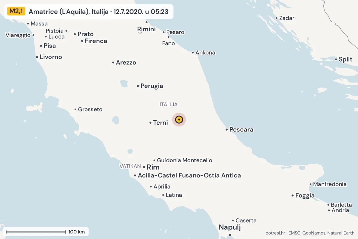 Karta: šire područje, 600 km, potres M2,1, Amatrice (L'Aquila), Italija, 12.7.2020.