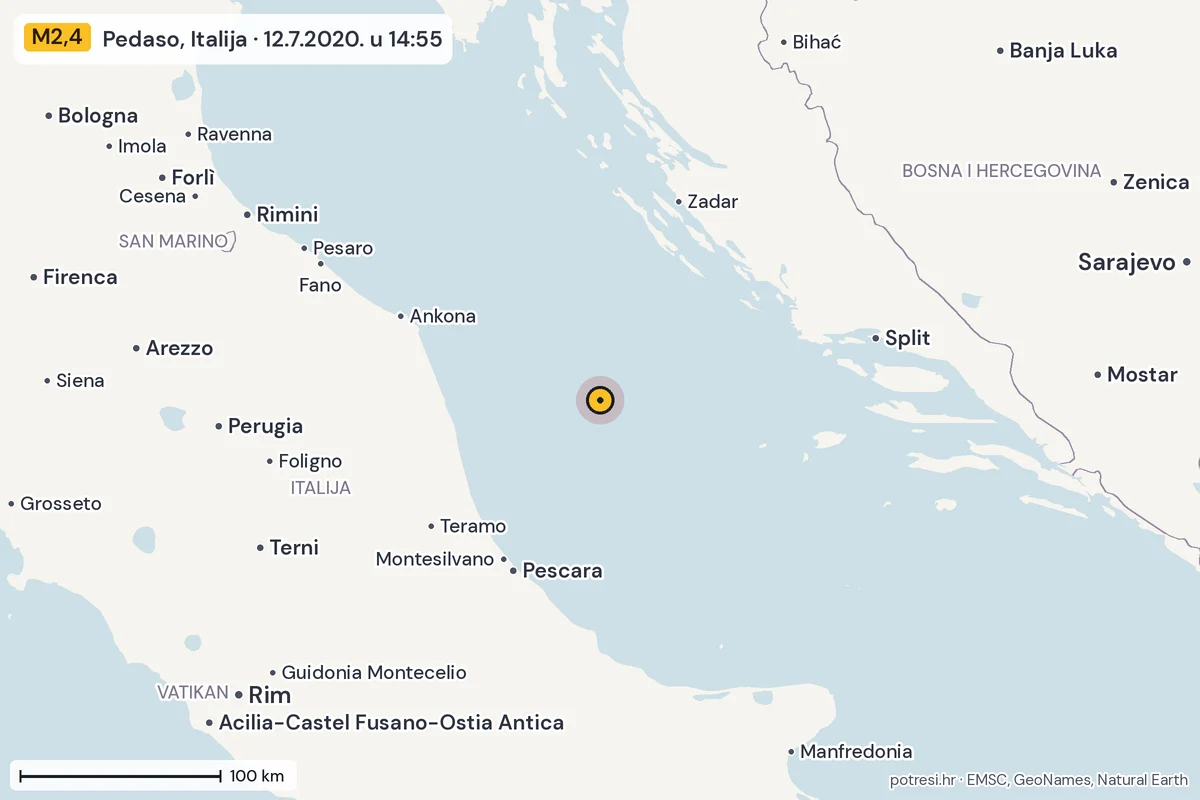 Karta: šire područje, 600 km, potres M2,4, Pedaso, Italija, 12.7.2020.