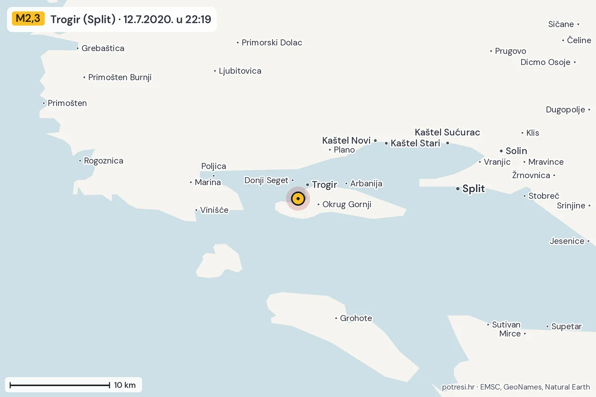 Karta: okolica epicentra, 60 km, potres M2,3, Trogir (Split), 12.7.2020.