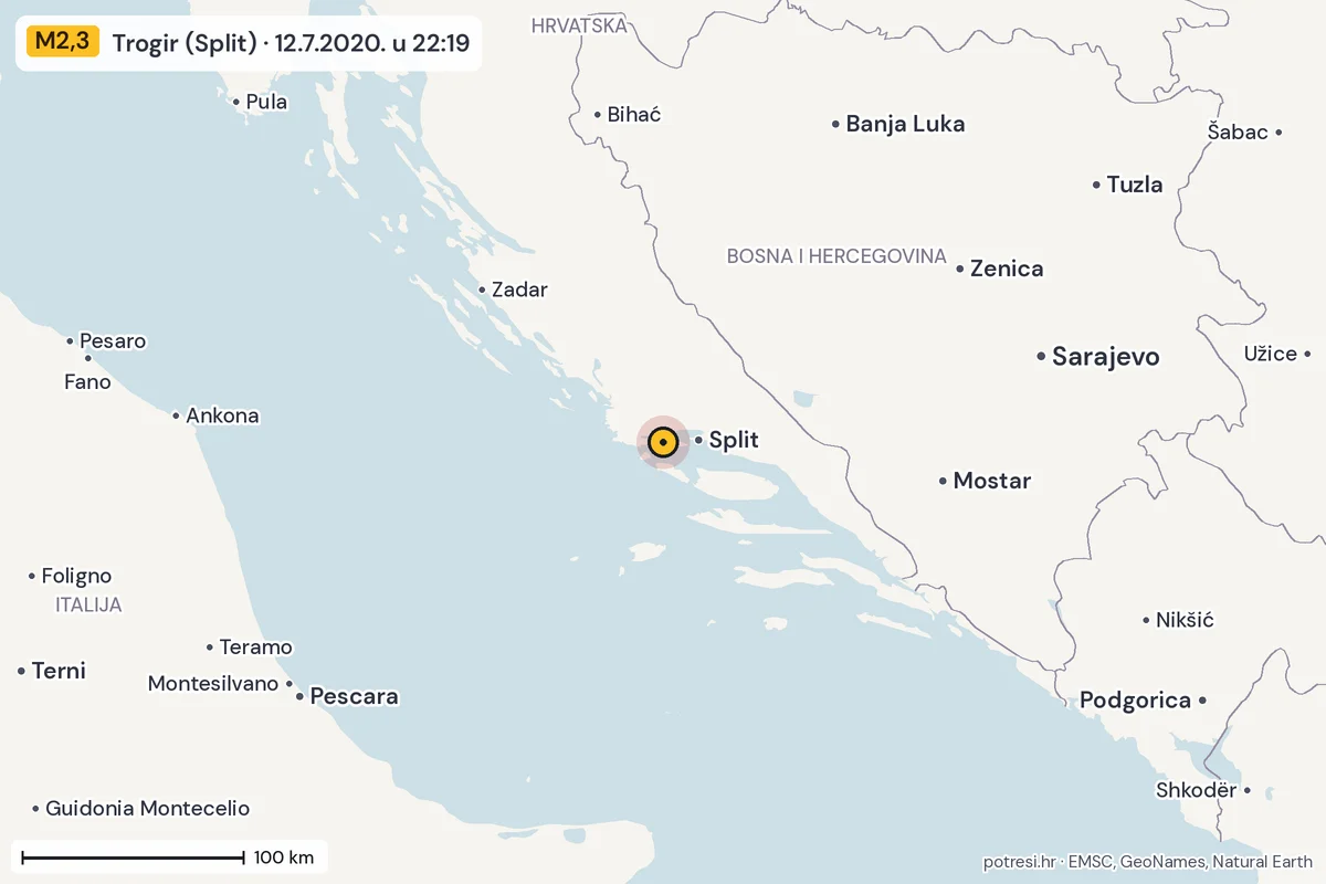 Karta: šire područje, 600 km, potres M2,3, Trogir (Split), 12.7.2020.