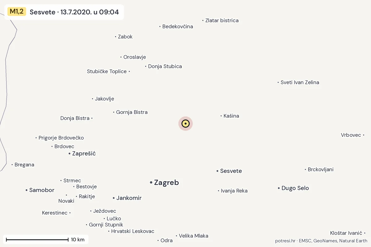 Karta: okolica epicentra, 60 km, potres M1,2, Sesvete, 13.7.2020.