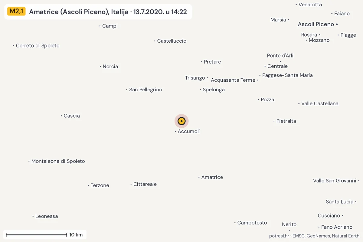 Karta: okolica epicentra, 60 km, potres M2,1, Amatrice (Ascoli Piceno), Italija, 13.7.2020.