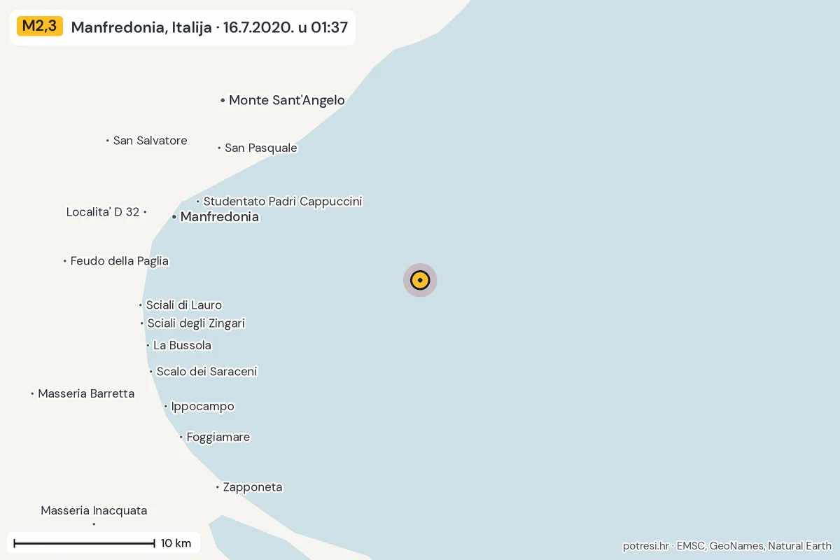 Karta: okolica epicentra, 60 km, potres M2,3, Manfredonia, Italija, 16.7.2020.
