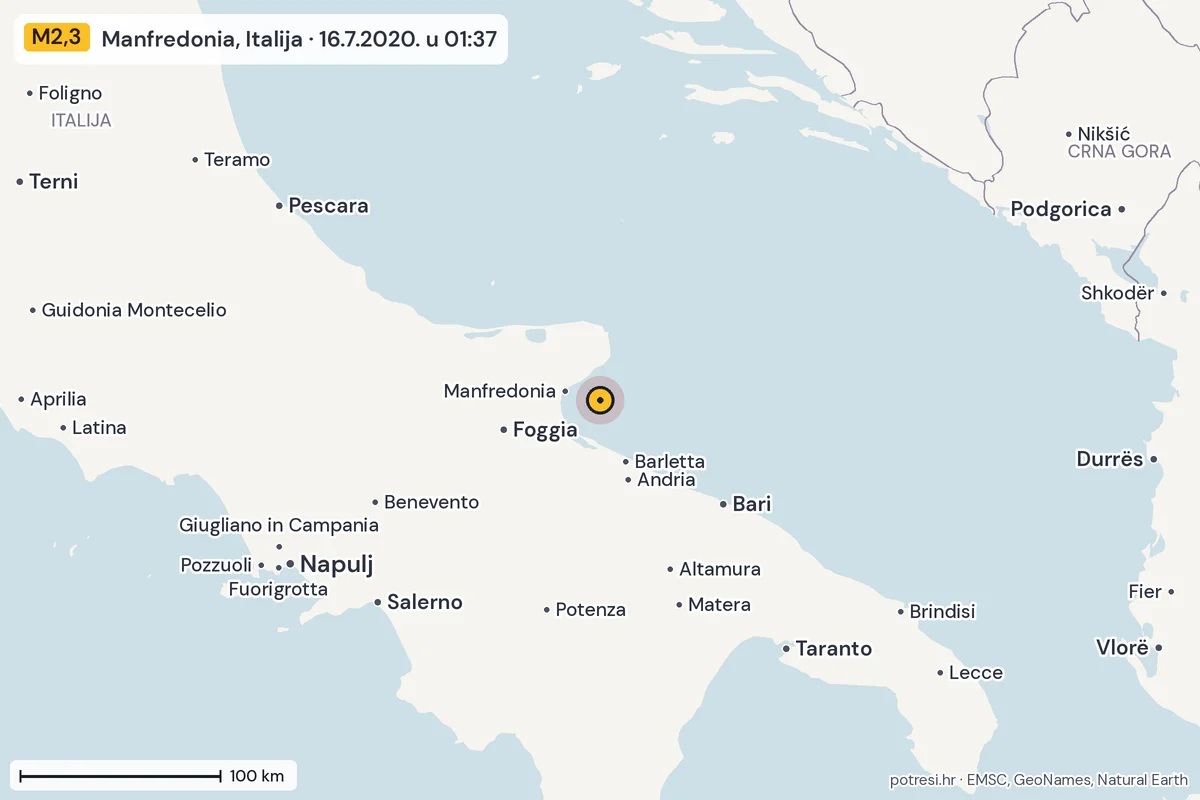Karta: šire područje, 600 km, potres M2,3, Manfredonia, Italija, 16.7.2020.