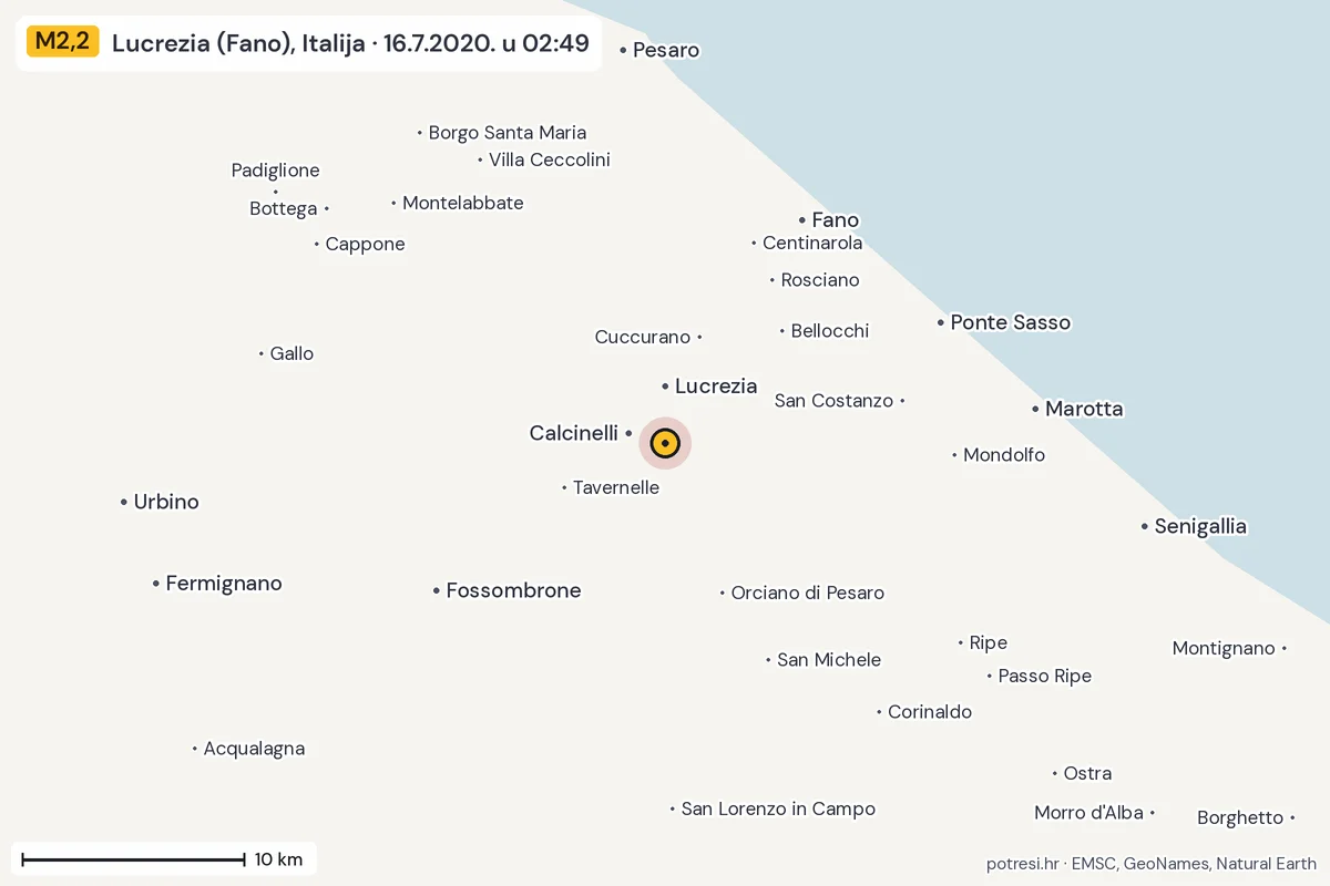 Karta: okolica epicentra, 60 km, potres M2,2, Lucrezia (Fano), Italija, 16.7.2020.