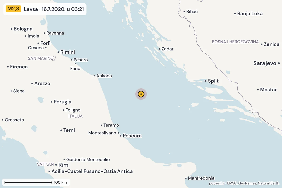 Karta: šire područje, 600 km, potres M2,3, Lavsa, 16.7.2020.