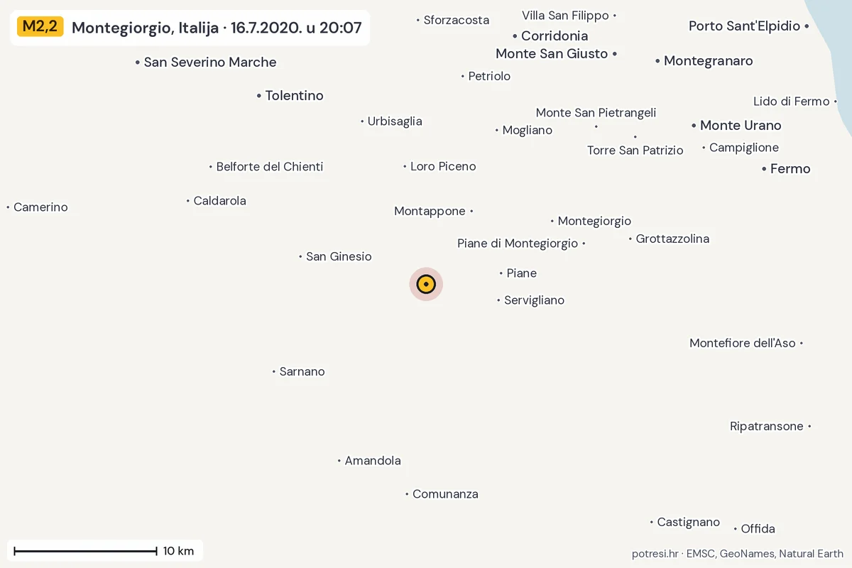 Karta: okolica epicentra, 60 km, potres M2,2, Montegiorgio, Italija, 16.7.2020.