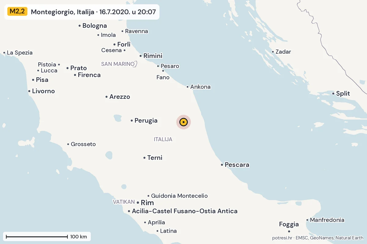 Karta: šire područje, 600 km, potres M2,2, Montegiorgio, Italija, 16.7.2020.