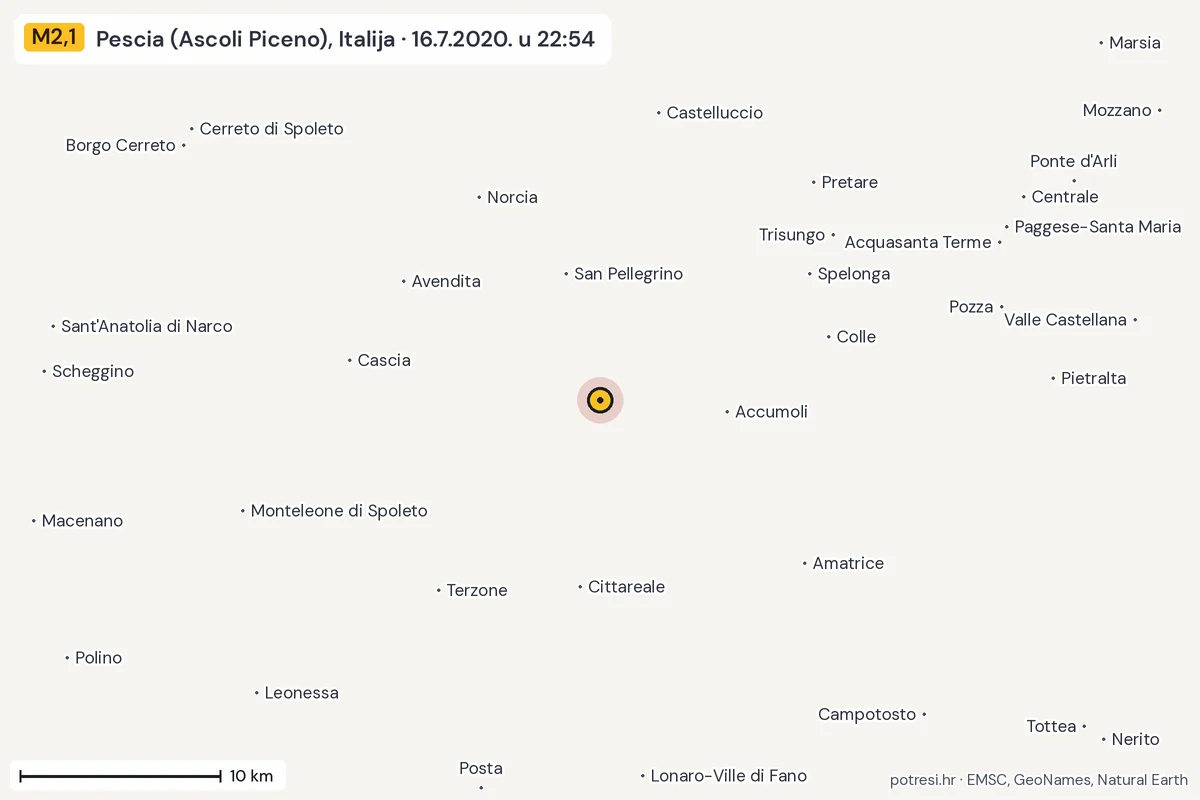 Karta: okolica epicentra, 60 km, potres M2,1, Pescia (Ascoli Piceno), Italija, 16.7.2020.
