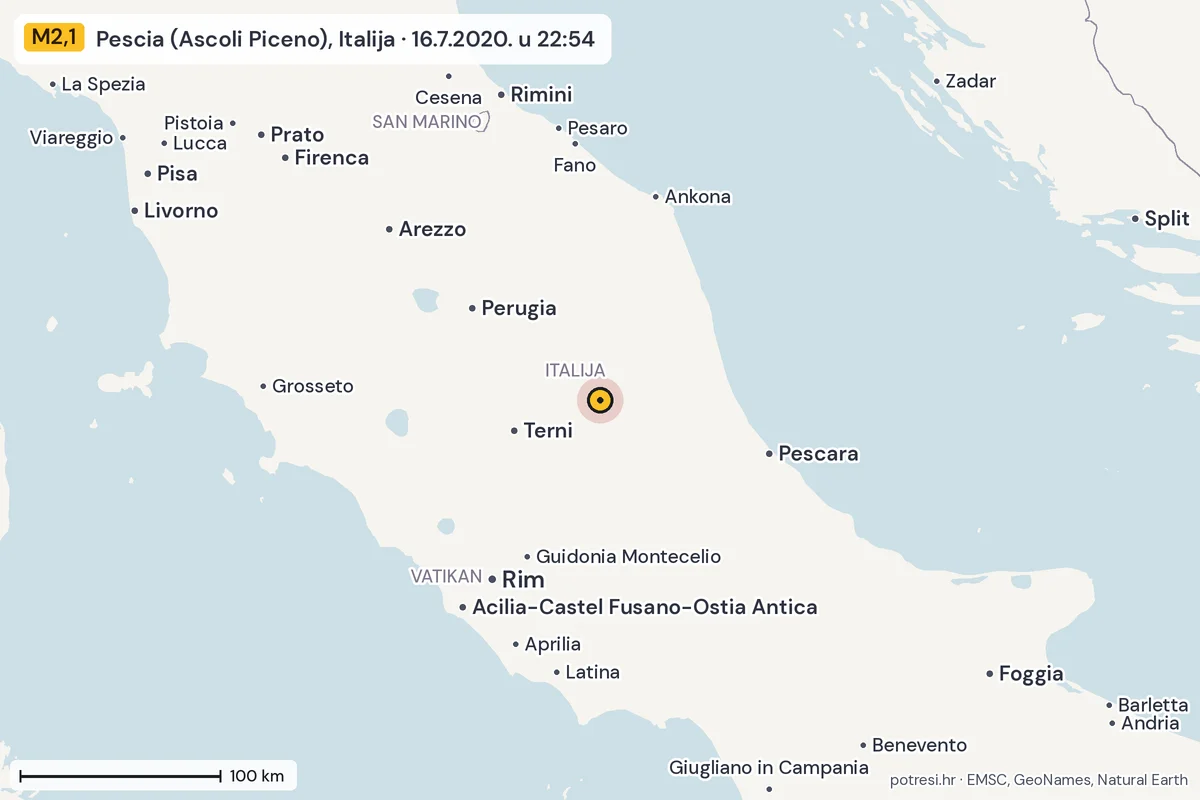 Karta: šire područje, 600 km, potres M2,1, Pescia (Ascoli Piceno), Italija, 16.7.2020.