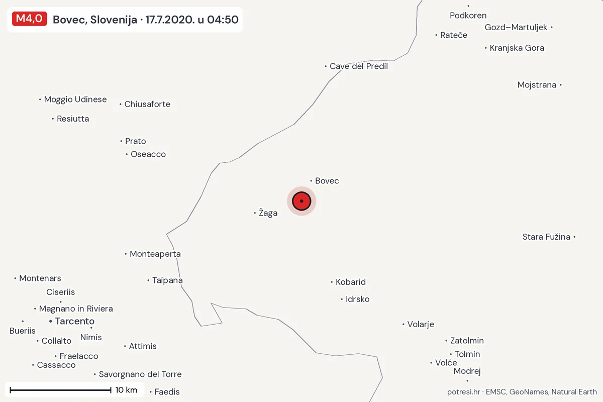 Karta: okolica epicentra, 60 km, potres M4,0, Bovec, Slovenija, 17.7.2020.