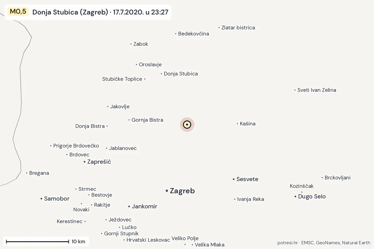 Karta: okolica epicentra, 60 km, potres M0,5, Donja Stubica (Zagreb), 17.7.2020.