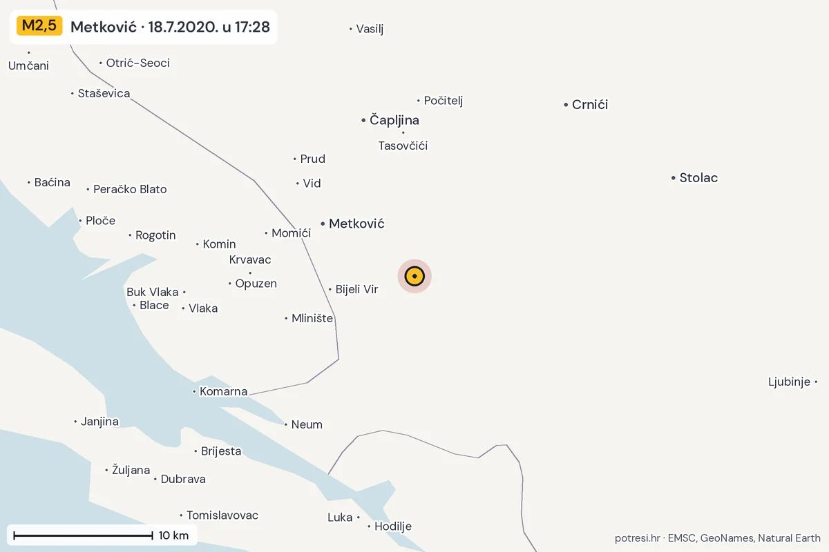 Karta: okolica epicentra, 60 km, potres M2,5, Metković, 18.7.2020.