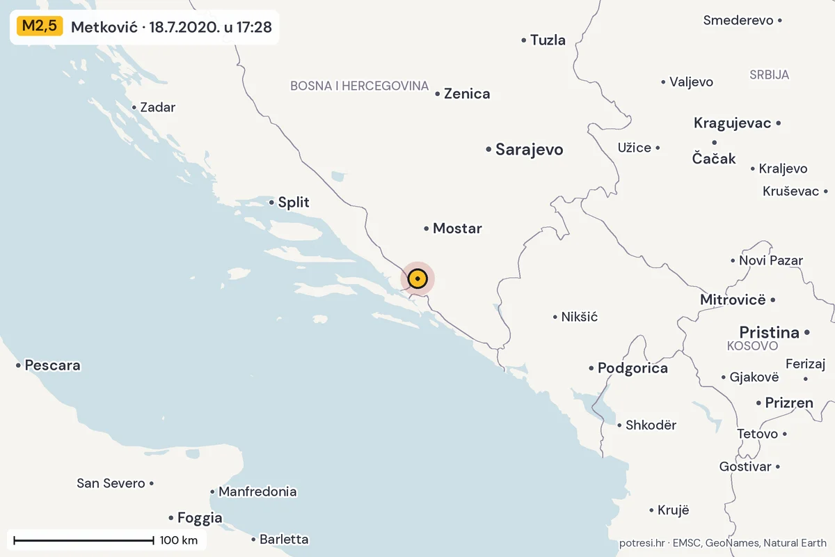 Karta: šire područje, 600 km, potres M2,5, Metković, 18.7.2020.