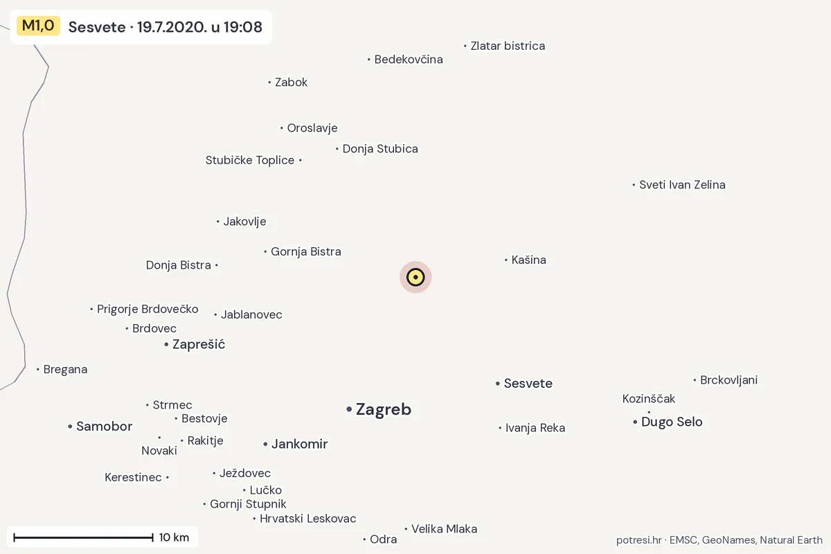 Karta: okolica epicentra, 60 km, potres M1,0, Sesvete, 19.7.2020.