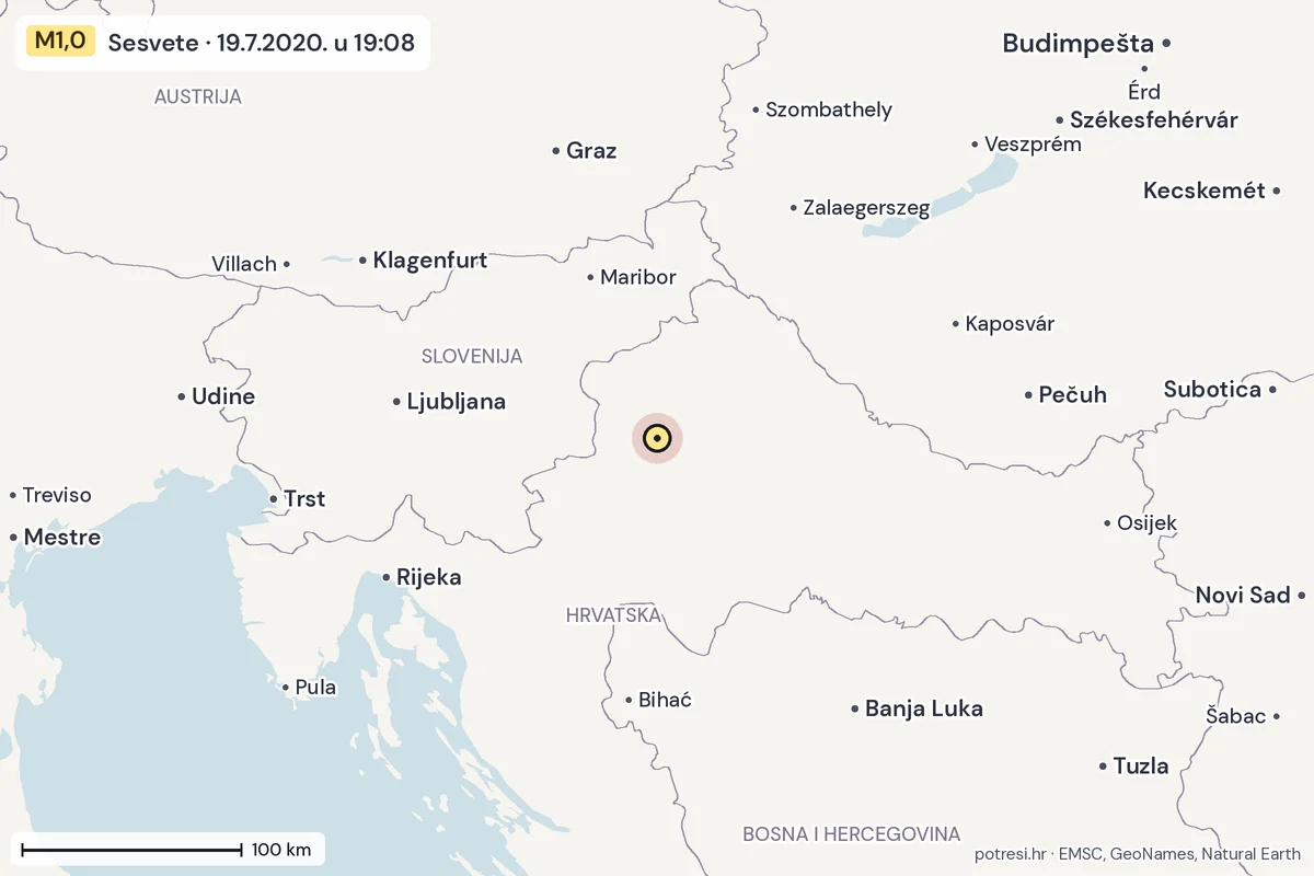 Karta: šire područje, 600 km, potres M1,0, Sesvete, 19.7.2020.